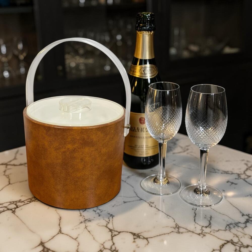 Georges Briard VTG Brown Faux Leather White Lined Ice Bucket Plastic Handle READ